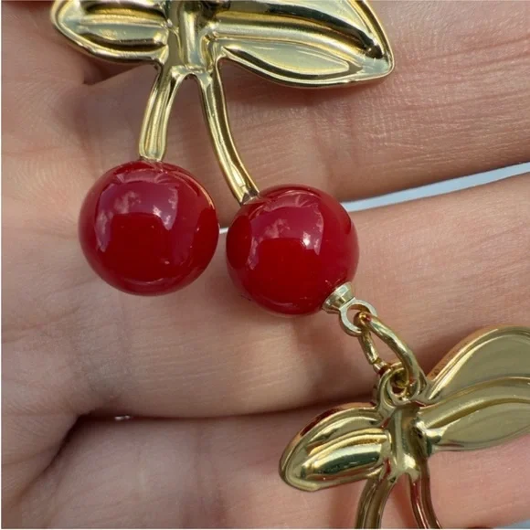 Cherry Design Gold and Red Beaded Stainless Steel Necklace - Picture 9 of 11